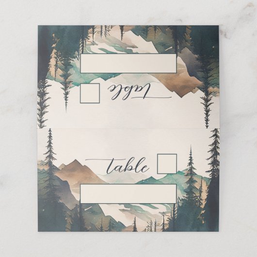 Wasserfarbengebirge Pinienwaldhochzeit Platzkarte (Außenseite Aufgefaltet)