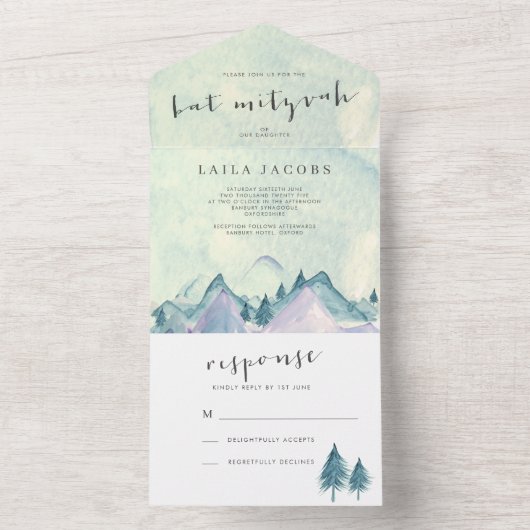 Wasserfarbengebirge und Bäume Bat Mizvah All In One Einladung (Innen Boden)