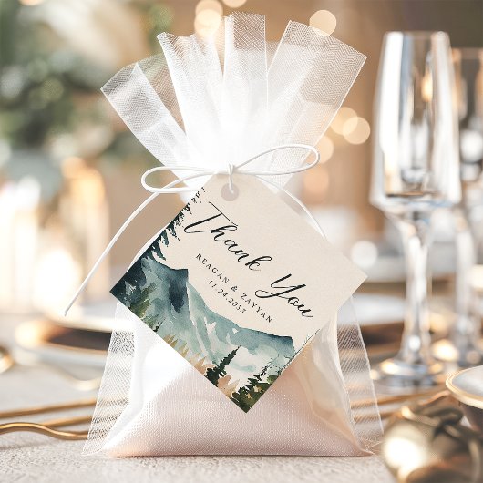 Wasserfarbengebirge und Pinien Hochzeit Vielen Dan Geschenkanhänger