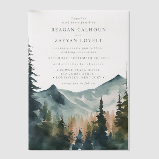 Wasserfarbengebirge und Pinien Rustikale Hochzeit Pergament Einladungen (Vorderseite)