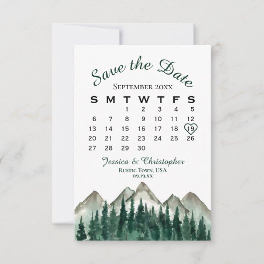 Wasserfarbengebirge und Pinienhochzeitkalender Save The Date (Vorderseite)