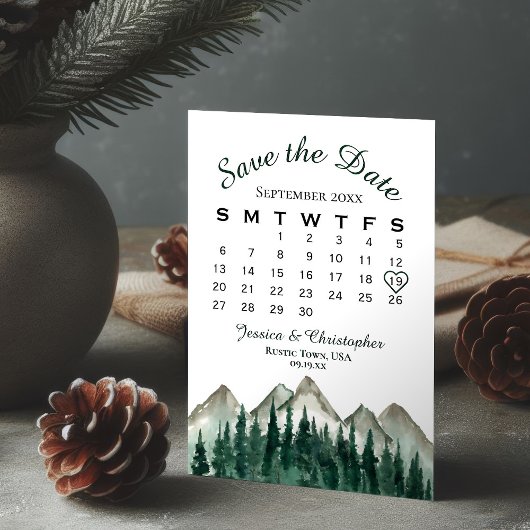 Wasserfarbengebirge und Pinienhochzeitkalender Save The Date