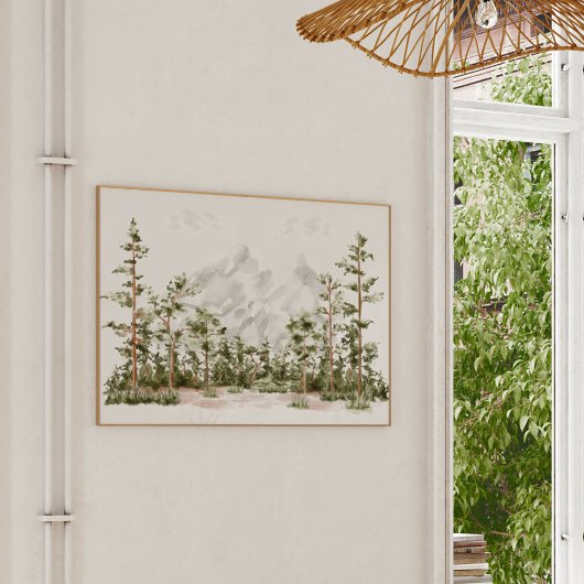 Wasserfarbengebirge und Wald Poster