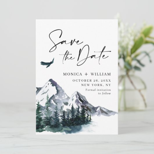 Wasserfarbengebirge Wälder Hochzeit Foto Save The Date (Stehend Vorderseite)