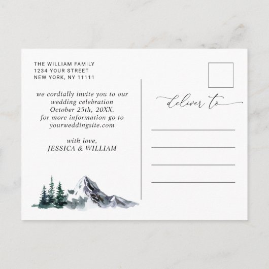 Wasserfarbengebirge Waldhochzeit retten das Datum Ankündigungspostkarte (Rückseite)