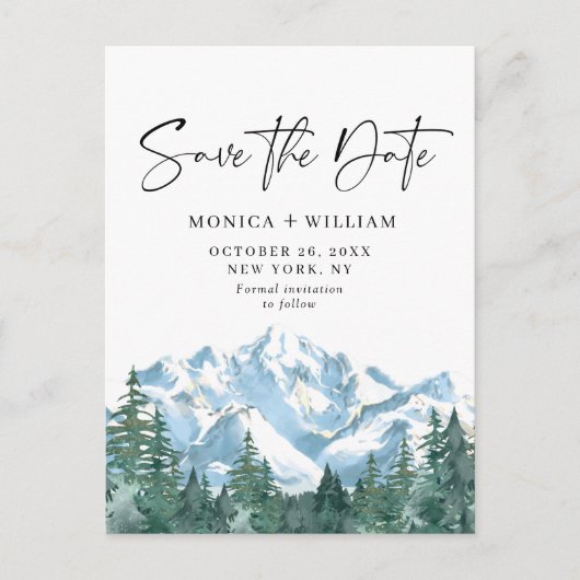 Wasserfarbengebirge Waldhochzeit retten das Datum Postkarte (Vorderseite)