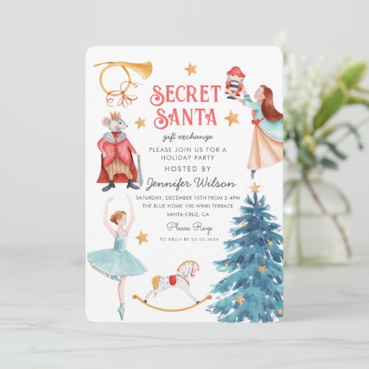 Wasserfarbengeheimnis Santa Nutcracker Ballerina Einladung (Stehend Vorderseite)