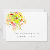 Wasserfarbengelbe Flora Rustikale Hochzeit Dankeskarte (Rückseite)