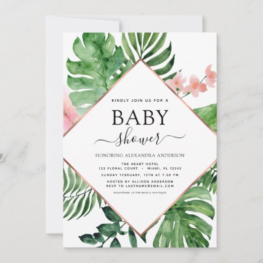 Wasserfarbengeometrische Babydusche Tropenpalm Einladung (Vorderseite)