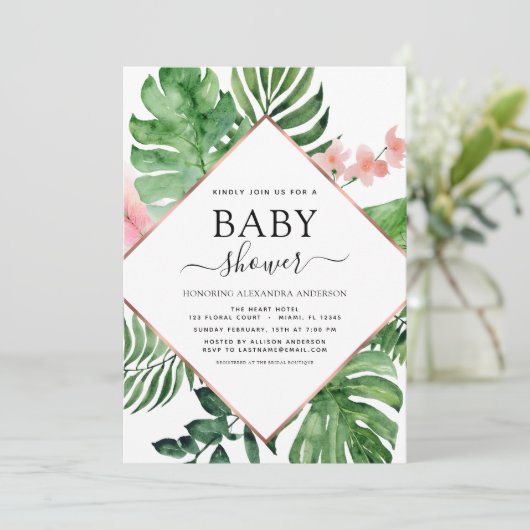 Wasserfarbengeometrische Babydusche Tropenpalm Einladung (Stehend Vorderseite)