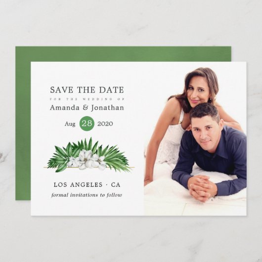 Wasserfarbengeometrische Hochzeit mit tropischer F Save The Date (Vorne/Hinten)