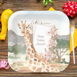WasserfarbenGiraffe in African Savannah Birthday Pappteller
