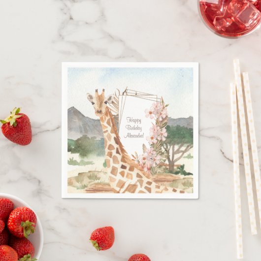 WasserfarbenGiraffe in African Savannah Birthday Serviette (Beispiel)