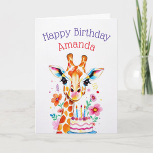 WasserfarbenGiraffe mit Blume und Geburtstagskuche Karte