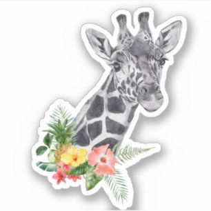 WasserfarbenGiraffe mit tropischem Bouquet Aufkleber