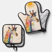 WasserfarbenGiraffe Ofenhandschuh & Topflappen-Set (Vorderseite/Rückseite)