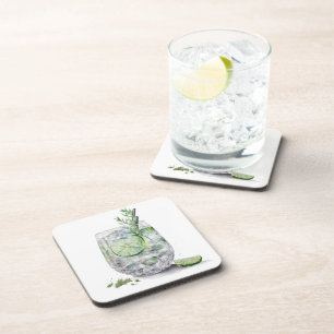 WASSERFARBENGLAS AUS GIN UND TONIK MIT LIMONEN GETRÄNKEUNTERSETZER