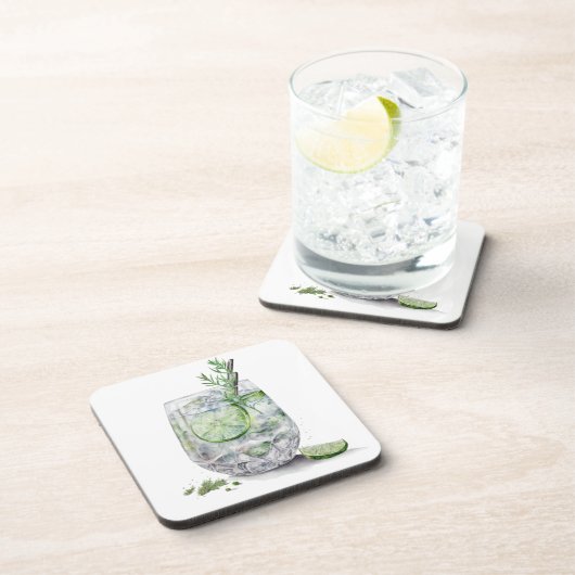 WASSERFARBENGLAS AUS GIN UND TONIK MIT LIMONEN GETRÄNKEUNTERSETZER (Rechte Seite)