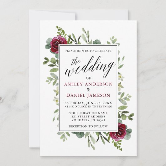 Wasserfarbengrün Burgund Rose Hochzeit Einladung (Vorderseite)