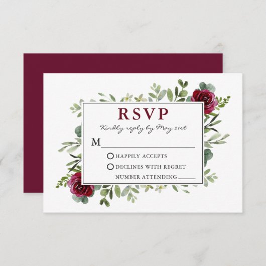 Wasserfarbengrün Burgund Rose Hochzeit RSVP Karte (Vorne/Hinten)