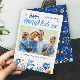 Wasserfarbenhappy Hanukkah Peace Liebe Latkes Foto Feiertagskarte