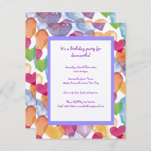 Wasserfarbenherzen Einladung (Vorne/Hinten)