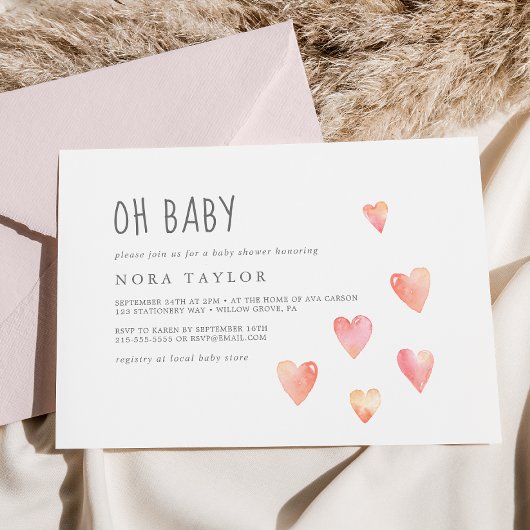 Wasserfarbenherzen Mädchen Horizontal Oh Babydusch Einladung