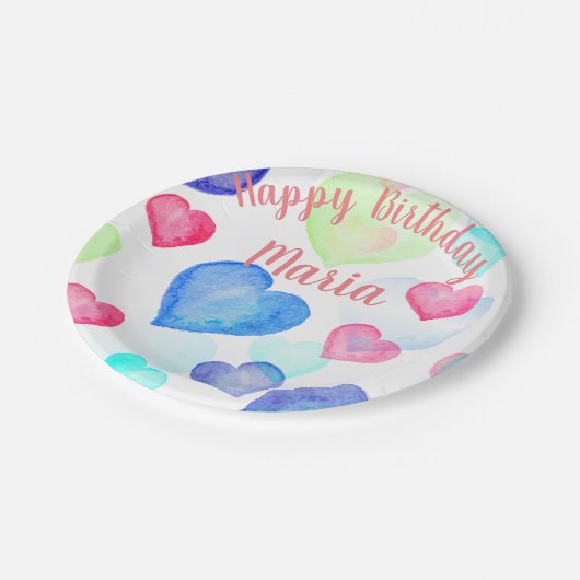 Wasserfarbenherzen Pappteller (Schrägansicht)