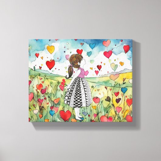 Wasserfarbenherzen und ein kleines Mädchen Leinwanddruck (Vorderseite)