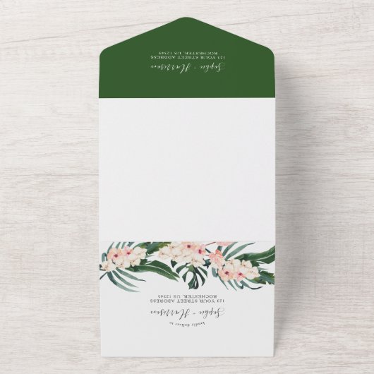 Wasserfarbenhochzeit in tropischem Rosa All In One Einladung (Außenbereich)