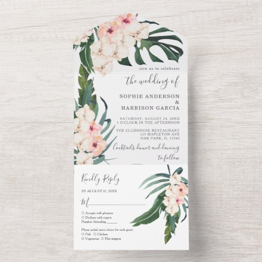 Wasserfarbenhochzeit in tropischem Rosa All In One Einladung (Innen Boden)