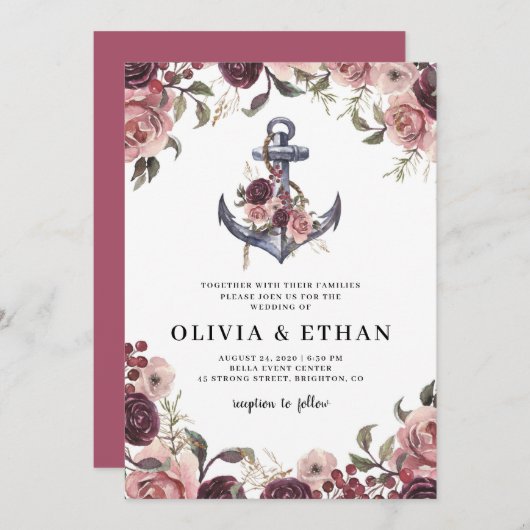 Wasserfarbenhochzeit mit nautischem Blumenkor Einladung (Vorne/Hinten)