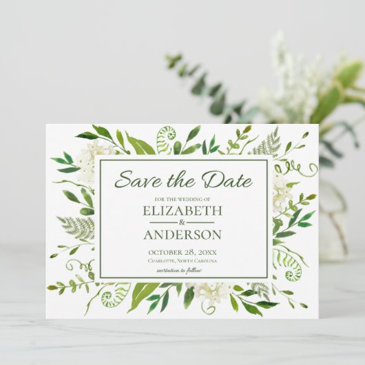 Wasserfarbenhochzeit mit weißem Hydrangeas Save The Date (Stehend Vorderseite)