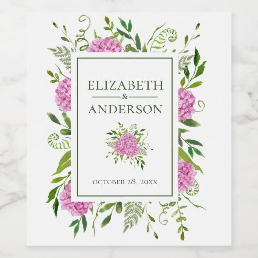 Wasserfarbenhochzeit Pink Hydrangeas Weinetikett (Einzelnes Label)