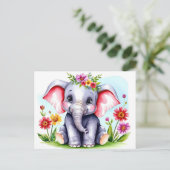 Wasserfarbenjunge Elefant mit Blume Postkarte (Stehend Vorderseite)