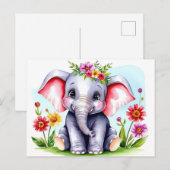 Wasserfarbenjunge Elefant mit Blume Postkarte (Vorne/Hinten)