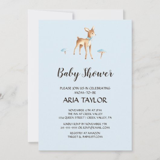 Wasserfarbenjunge Hirsche mit Mushroom-Babydusche Einladung (Vorderseite)