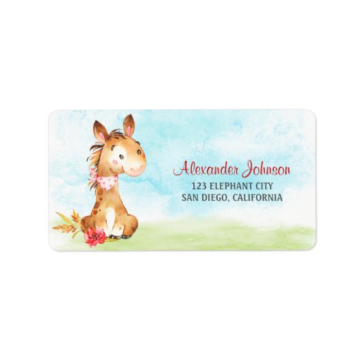 Wasserfarbenjunge Pferdeschwulstdusche Adressaufkleber (Vorne)