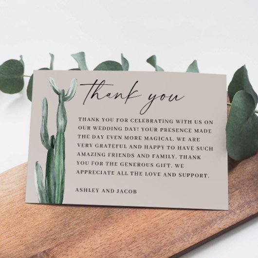 Wasserfarbenkaktus Hochzeit. Light Taupe Gray Wüst Dankeskarte