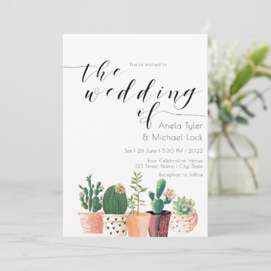 Wasserfarbenkaktus Sukkulente Typografie Hochzeit Einladung (Stehend Vorderseite)