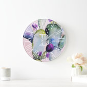 Wasserfarbenkaktus und -blüten | Monogramm Große Wanduhr (Zuhause)