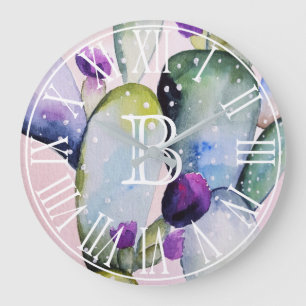 Wasserfarbenkaktus und -blüten Monogramm Große Wanduhr