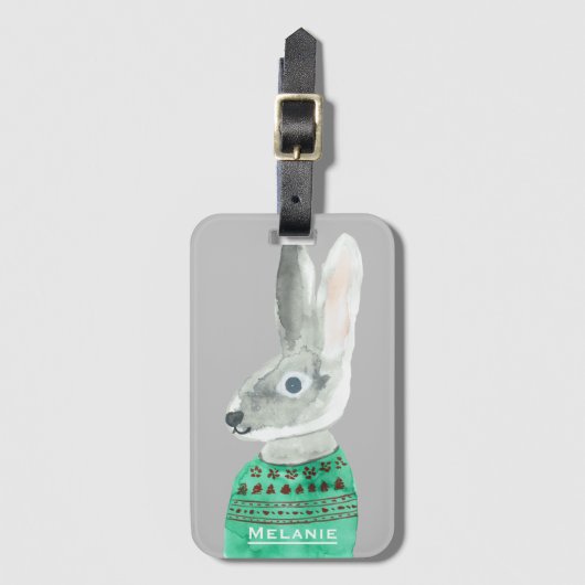 Wasserfarbenkaninchen in Sweater Grau Personalisie Gepäckanhänger (Vorderseite Vertikal)