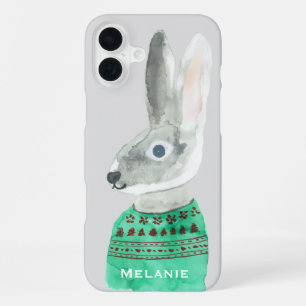 Wasserfarbenkaninchen in Sweater Grau Personalisie iPhone 16 Plus Hülle