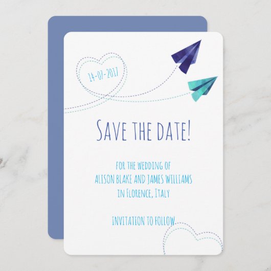 Wasserfarbenkarte für Papier-Flugzeug Save the Dat Save The Date (Vorne/Hinten)