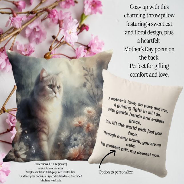 Wasserfarbenkatze & -florale - Liebe einer Mutter Kissen (Von Creator hochgeladen)