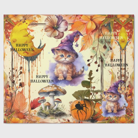 Wasserfarbenkatze Hexe Happy Halloween Geschenkpapier (Flach)