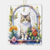 Wasserfarbenkatze im Blumenfenster Personalisiert Keramikornament (Links)