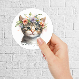 Wasserfarbenkatze mit Blume Runder Aufkleber