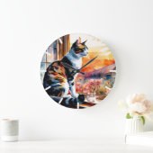 Wasserfarbenkatze und Maus-Grußkarte Große Wanduhr (Zuhause)
